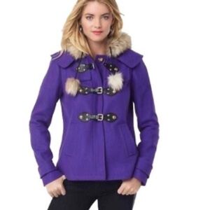Juicy Couture Purple‎ Wool Blend Toggle Coat Faux Fur Hood Pom Poms Womens